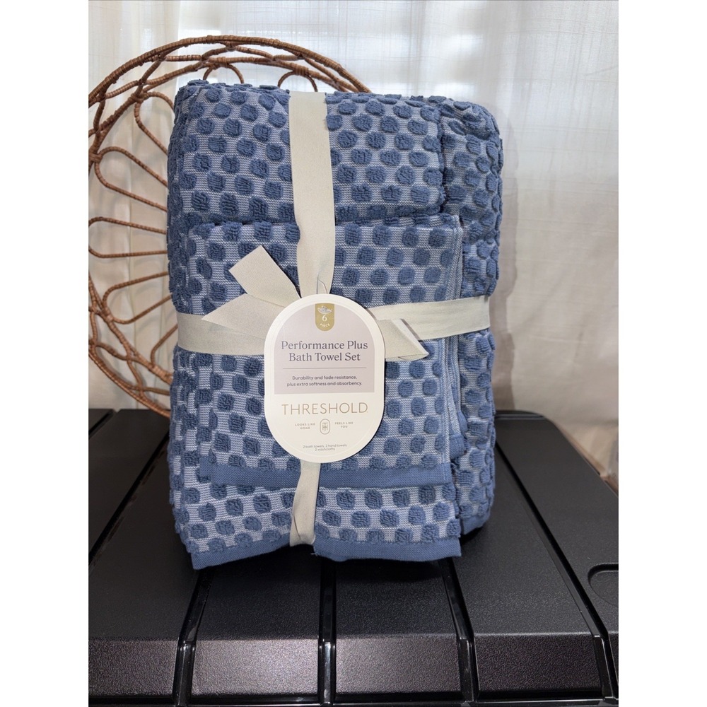 100% Cotton- Threshold 6pc Performance Plus Textured Dot Bath Towel Set Blue NWT
